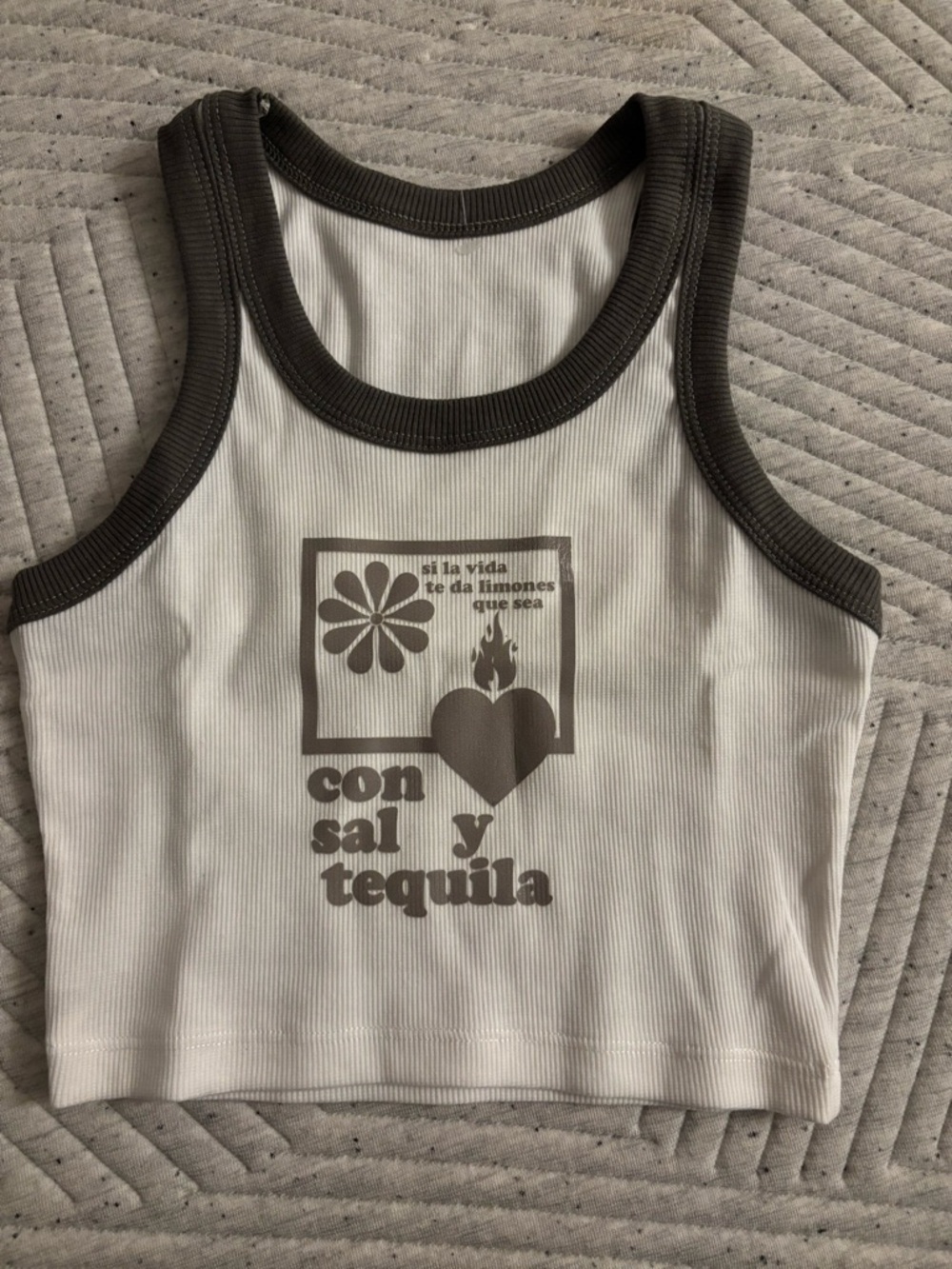 Ribbed White Crop Tank with Dark Gray Trim and Graphic